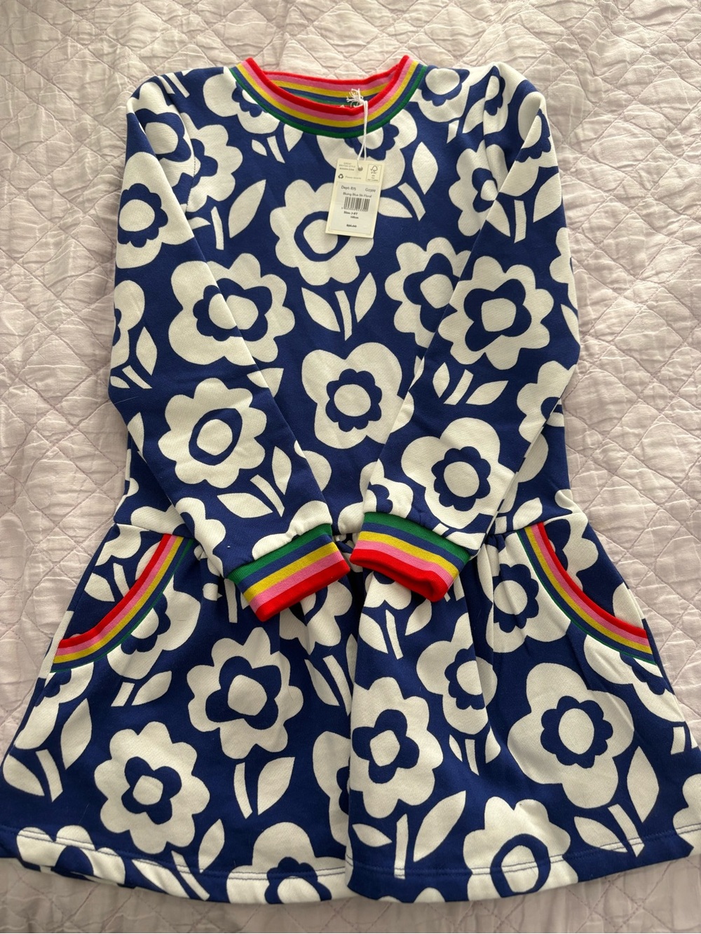 Boden Blue and White Floral Sweatshirt Dress with Rainbow-Trim